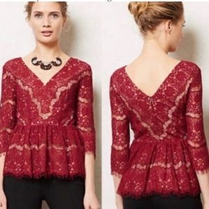 Anthropologie I Meave Burgundy Plunging V Peplum Top with Frayed Lace